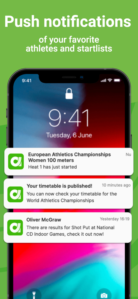 Smartphone screen displaying push notifications for track and field competition results and start lists