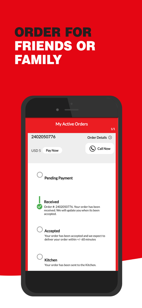 Pantalla de la aplicación móvil Dial A Delivery 2.0 que muestra el estado del pedido de comida activo y la línea de tiempo de progreso