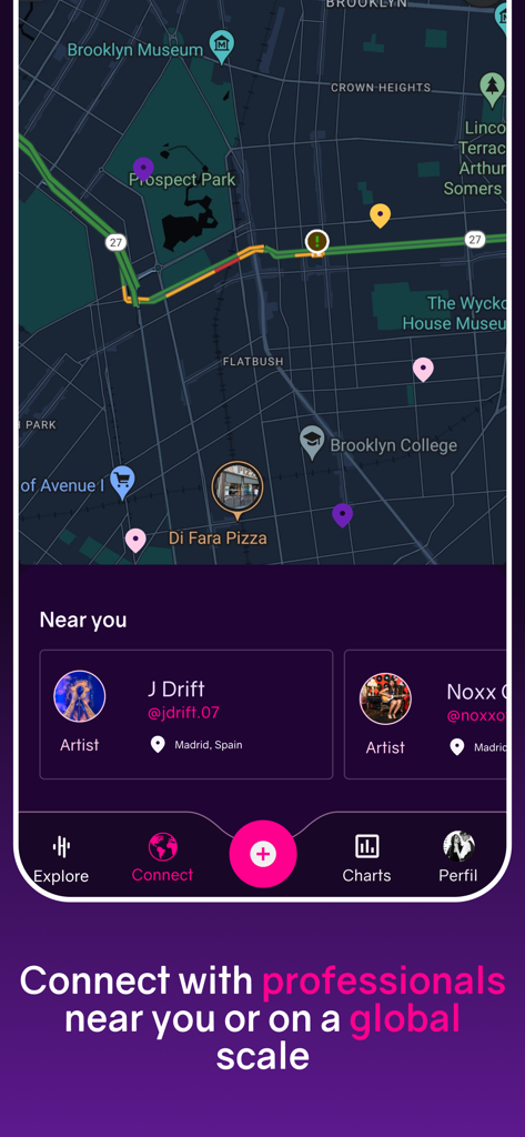 HiBeats - HiBeats app interface showing a map view to discover and connect with music artists and professionals nearby.