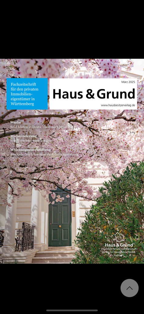 Cover of Haus and Grund Wuerttemberg magazine for March 2025 featuring a house with cherry blossoms