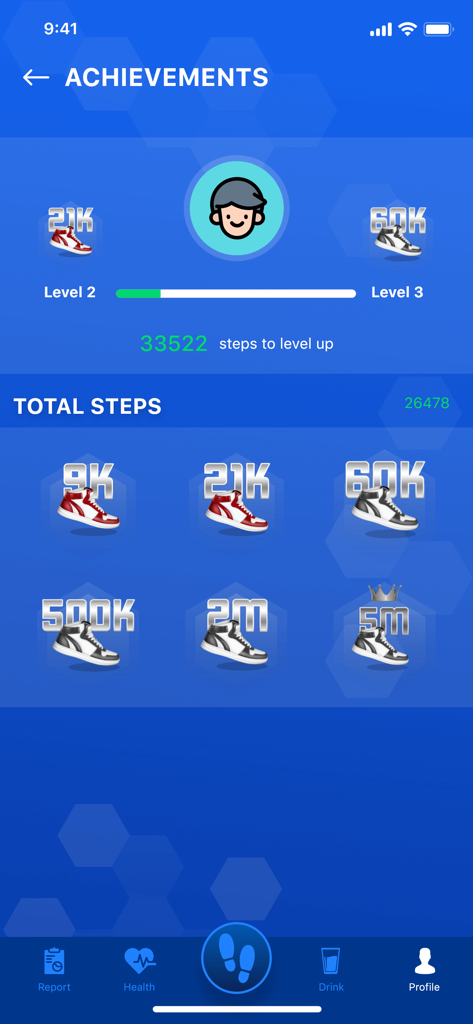 Pedometer: Step counter - Achievements screen of the Pedometer app showing step milestones represented by sneaker badges and a level progress bar.