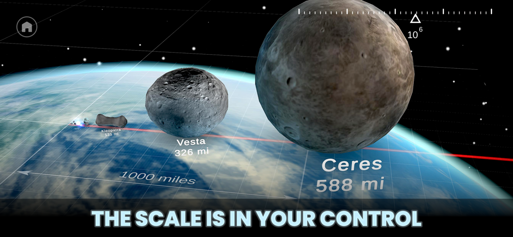 Univerzoom 3D - Explore Scale - A 3D size comparison of asteroids Kleopatra, Vesta, and Ceres in the Univerzoom app