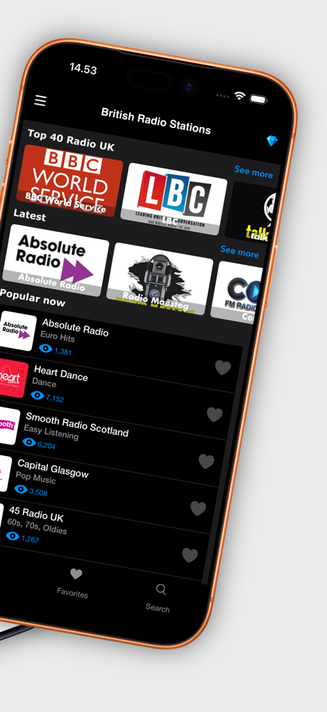 Mobile app interface displaying popular British radio stations like BBC World Service and LBC