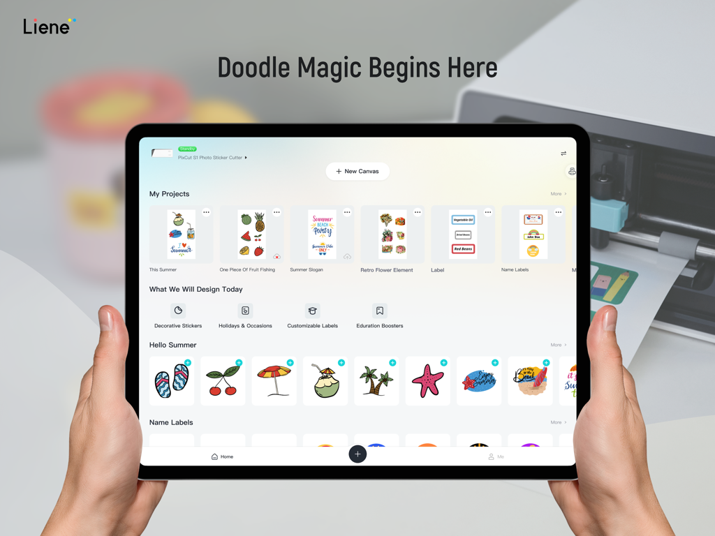 Liene Photo HD - The Liene Photo HD app home screen on a tablet displaying sticker design templates
