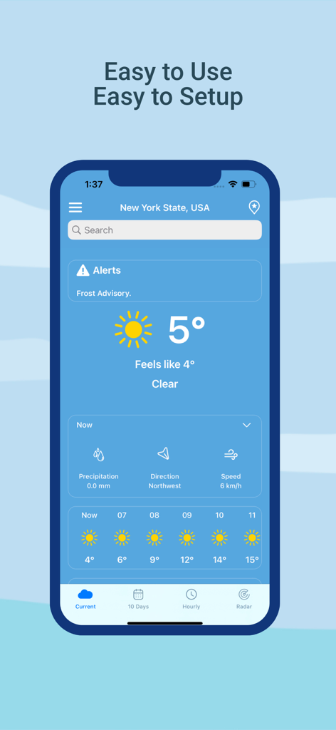 뉴욕주 지역의 현재 날씨와 시간별 예보를 보여주는 Dark Sky Tech 날씨 앱
