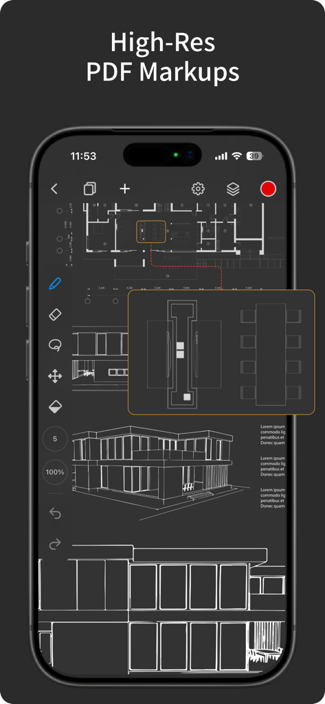 SketchFlow:  CAD Drawing - Aplicativo SketchFlow exibindo marcações de PDF de alta resolução de plantas baixas arquitetônicas
