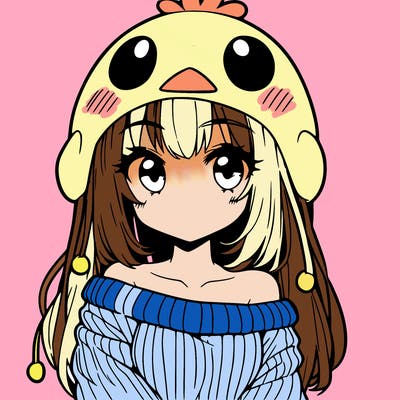 anime girl with chick shaped hat with sweater with bare shoulders with bangs covering them one eye with low tail