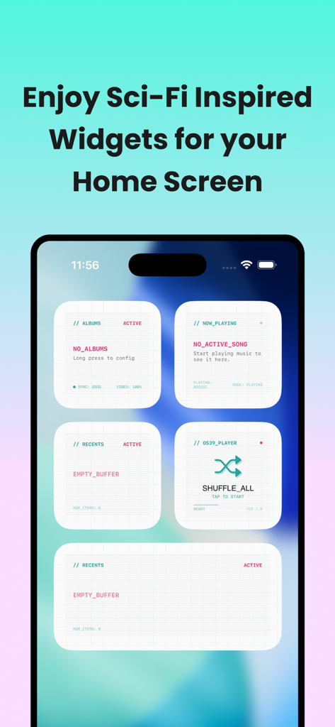 OS-39: Offline Music Player - A phone displaying sci-fi style home screen widgets for an offline music player including playback and library shortcuts