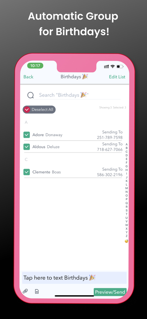 A mobile interface of the Classic Mass Text app showing contacts automatically grouped for birthday messages