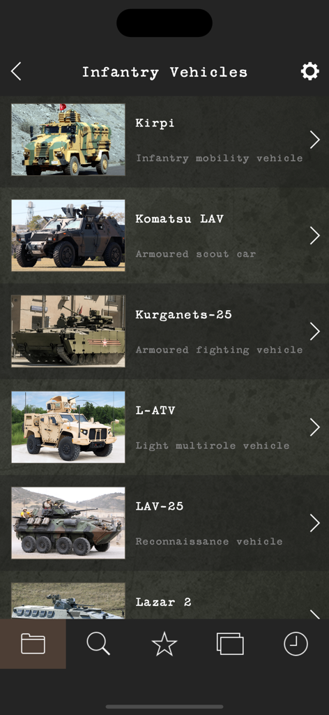 A list of modern infantry vehicles including the Kirpi and LAV-25 within the app interface
