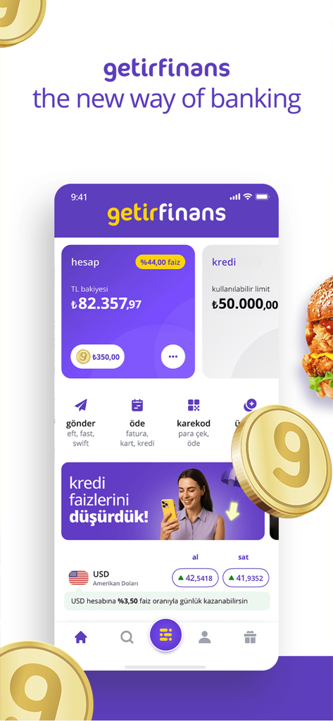 getir: groceries, food&beyond - 口座残高と金融サービスを表示するGetirFinansデジタルバンキングインターフェースを示すモバイルアプリケーション画面
