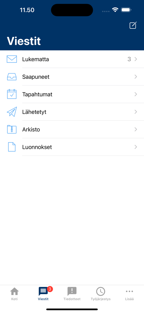 Wilma - Wilma app interface showing the messages menu with categories for unread, inbox, sent, and archived communications.