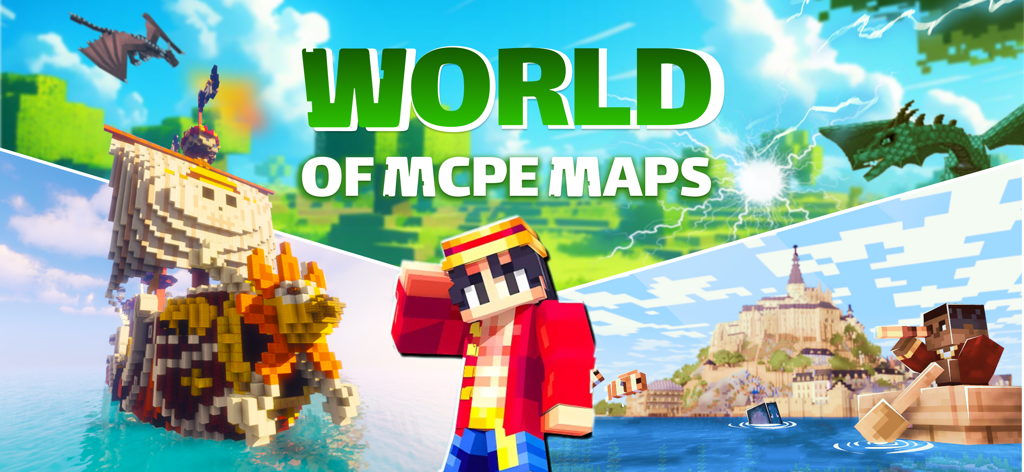 World of MCPE Maps banner featuring a pirate ship and Minecraft character skin
