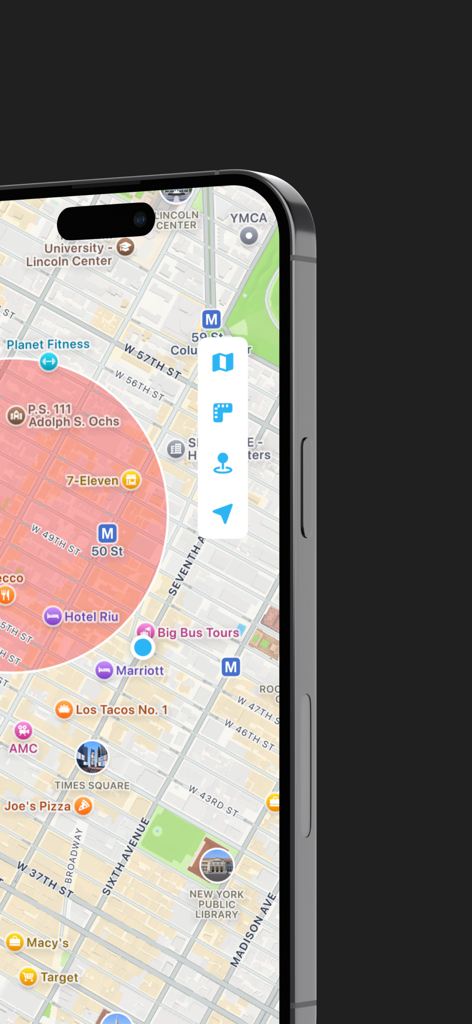 iSetting-Lock App & Hide App - A smartphone map display showing a red geofence circle used for automatic app locking and parental controls
