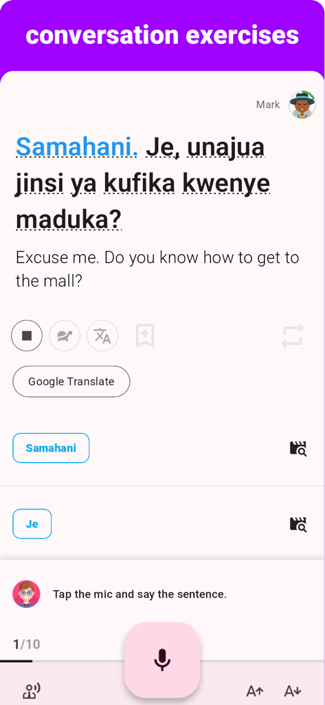 Swahili - Listening Speaking - Écran d'exercice de conversation en swahili montrant une traduction de phrase et un bouton de microphone pour l'enregistrement vocal