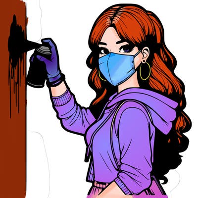 realistic girl with mask spray painting a wall