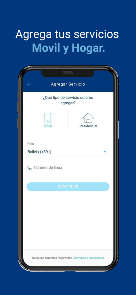 Interface of the Mi Tigo app showing options to add mobile or residential services for Bolivia.