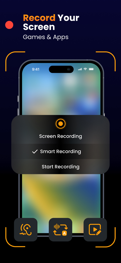 Screen Recorder - Video, Games - iPhone screen recorder app interface with smart recording menu for games and apps