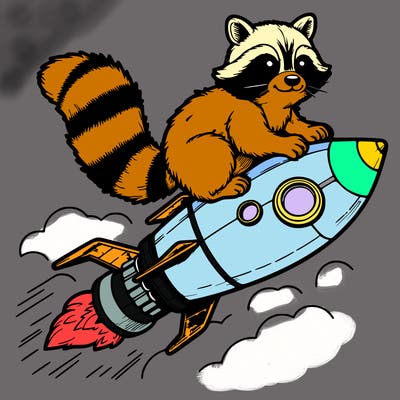 realistic raccoon flying on top rocket ship