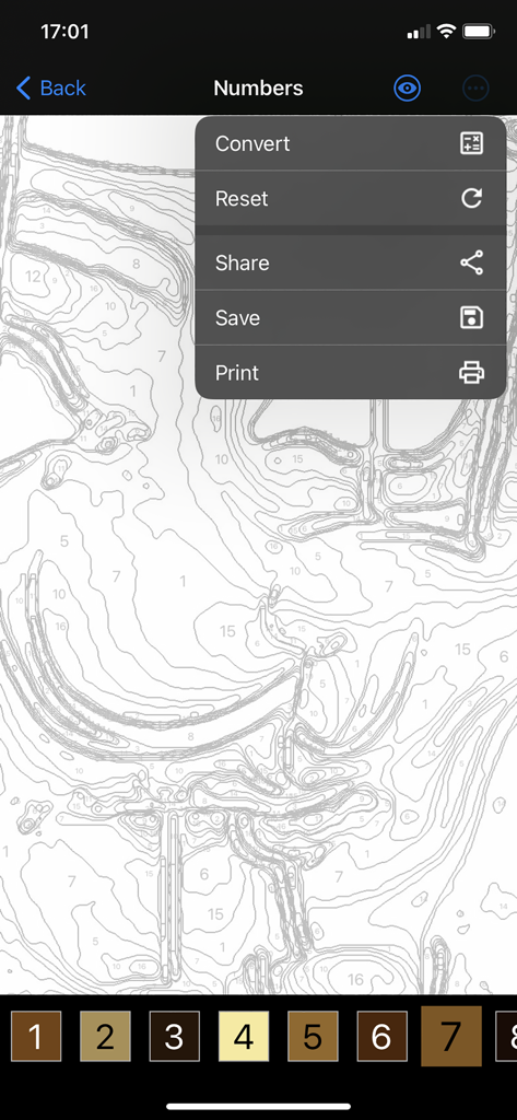 Paint By Number Creator - Screen showing a custom paint by number pattern with a menu for saving and printing.