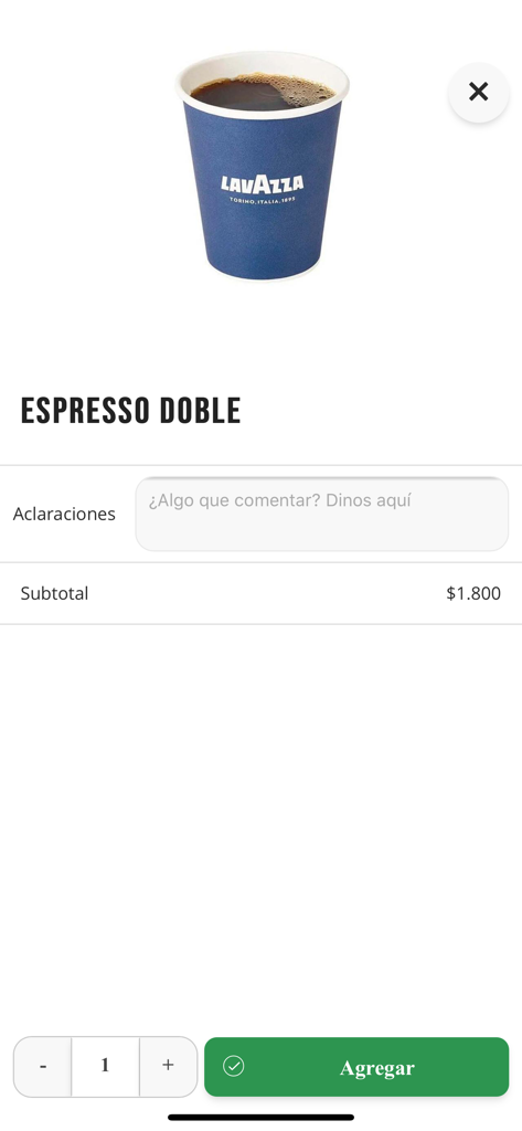 by Barcelona - Pantalla de pedido de la aplicación móvil de by Barcelona para un doble espresso Lavazza