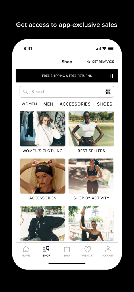 ALO - ALO mobile app shop interface showing yoga apparel categories including women's clothing and best sellers