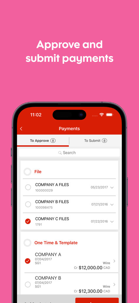 ScotiaConnect Business Banking - ScotiaConnect Business Banking app interface for approving and submitting payments.