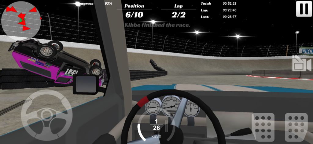 First person cockpit view of a night race in Demolition Derby 3 showing a flipped car on the side of the track