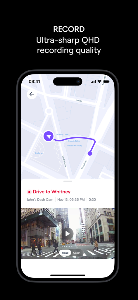 Nexar Connect - Nexar Connect app displaying a GPS map route and high-definition dashcam video footage.