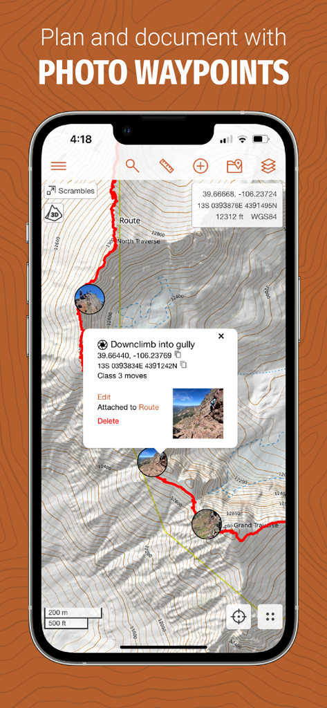 CalTopo app screenshot showing a topographic map with photo waypoints and route documentation