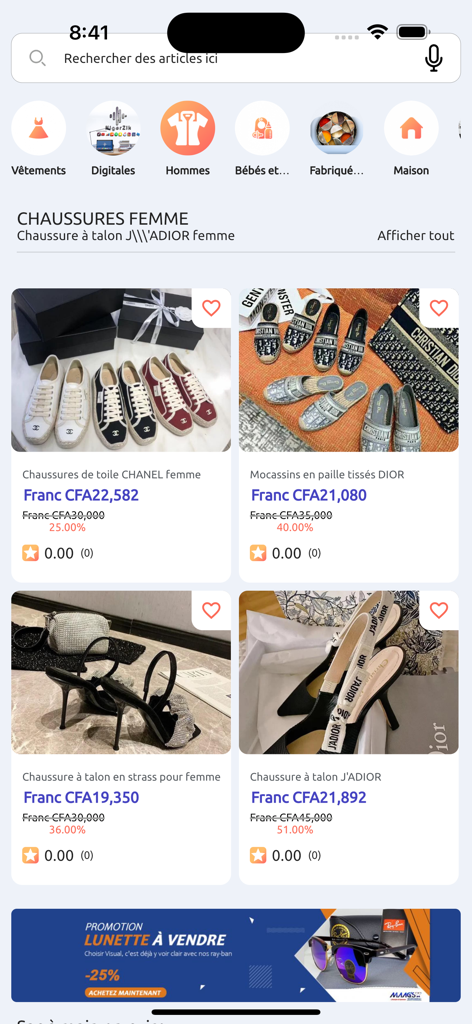 Kasuwa Niger - Interface of the Kasuwa Niger shopping app showing women's footwear categories and designer shoe listings in CFA currency.