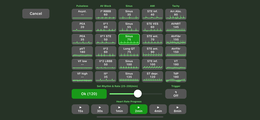 Medical Rescue Sim Pro - ECG rhythm selection screen for medical simulation training showing various heart patterns and rate controls