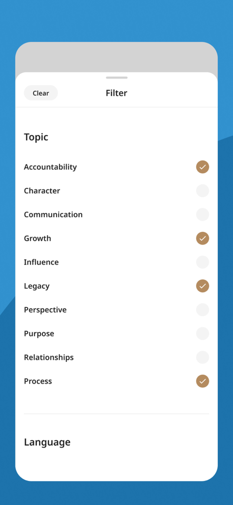 JMLF iTransform - Mobile app screen showing topic filter options for character based leadership development including accountability growth and legacy