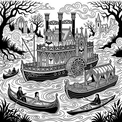 Drift into a world of dark elegance with this captivating Gothic River Boats coloring page. Featuring intricately designed steamboats and eerie canoes amidst a mysterious landscape, it promises a uniquely haunting creative escape.