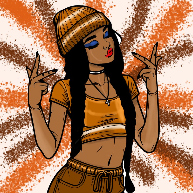 realistic teenage girl with braids and a beanie and crop top doing 🫶🏼