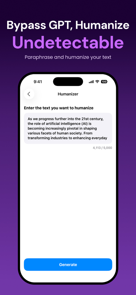 AIライターアプリのインターフェイス。テキストを言い換え、人間化して検出不能にするためのHumanizerツールが表示されています。
