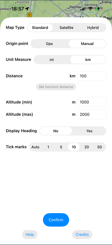 Direction explorer - Direction Explorerの設定画面。地図の種類、始点、単位設定が表示されている。