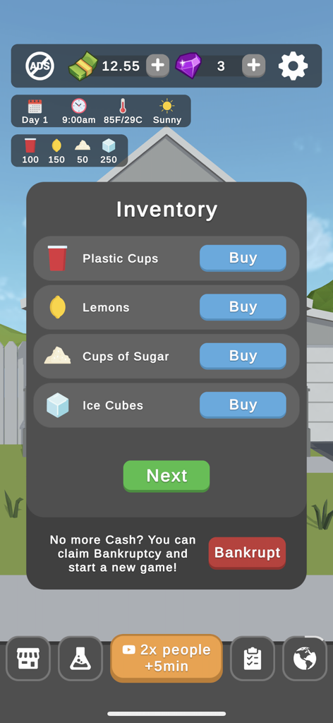 Cool Lemonade Stand - Inventory screen for buying ingredients like cups lemons sugar and ice in the Cool Lemonade Stand mobile game
