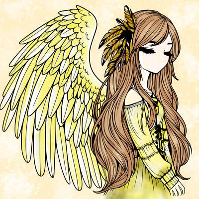 realistic girl with bird wings and some feathers in her hair
