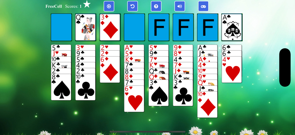 FreeCell Solitaire - - Classic FreeCell solitaire game interface with a green background and white flowers