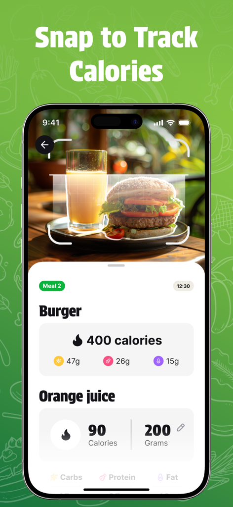 AI Calories: Scanner & Counter - AI Calories app scanning a burger and orange juice to calculate nutritional data and calories