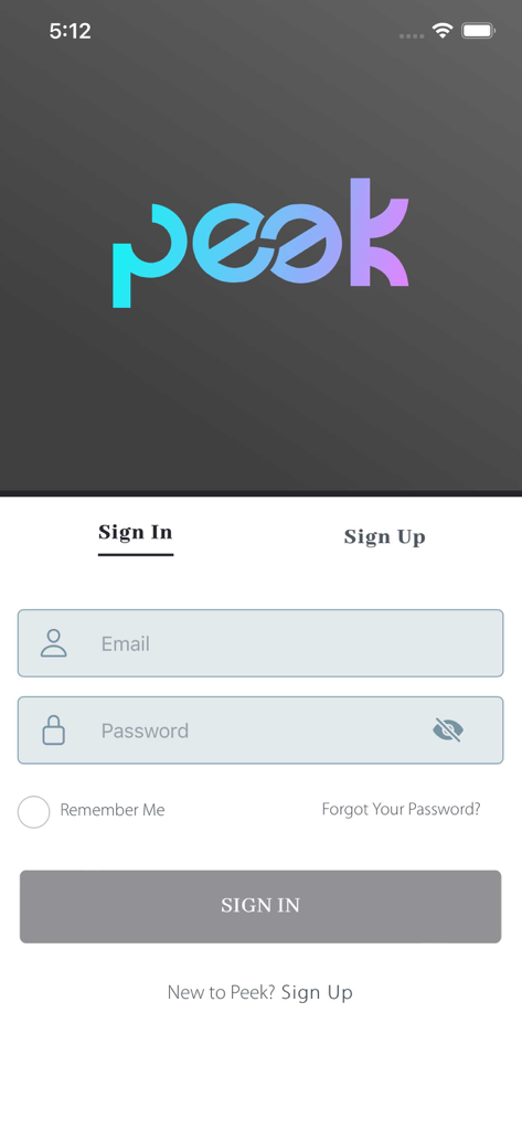 The Peek App - The Peek App login interface for healthcare professionals with email and password fields