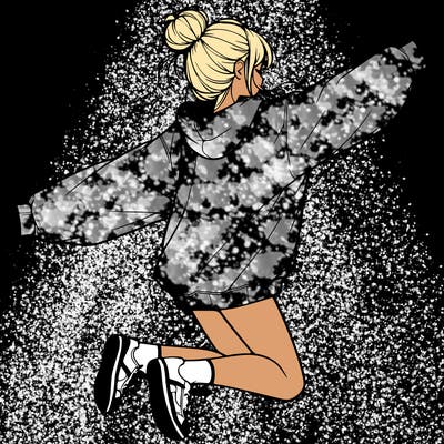 realistic girl jumping with a bun and oversized sweatshirt
