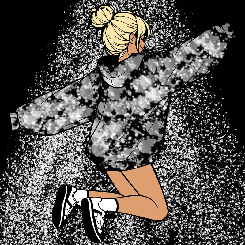realistic girl jumping with a bun and oversized sweatshirt