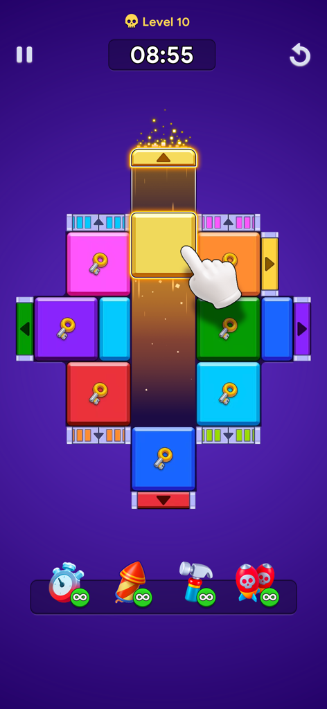 Une main glissant un bloc jaune dans une porte de couleur correspondante dans un niveau de puzzle logique.