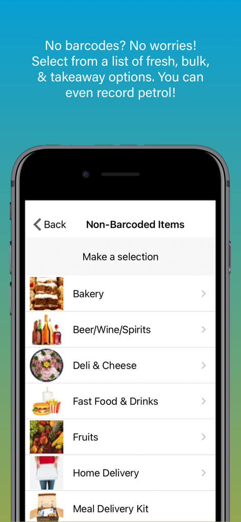 Scan n Go app screen showing a menu to select non-barcoded items like bakery, deli, and fruits