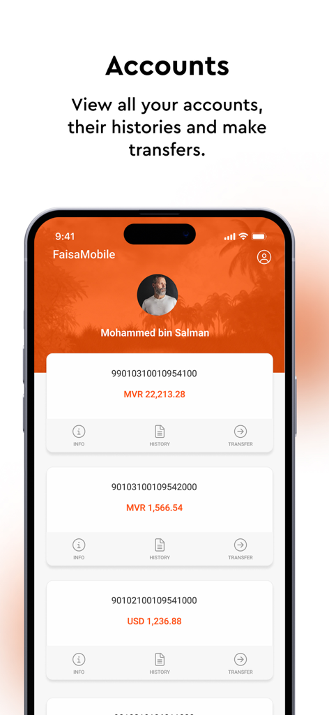 FaisaMobile by MIB - FaisaMobile banking app dashboard showing multiple account balances in MVR and USD