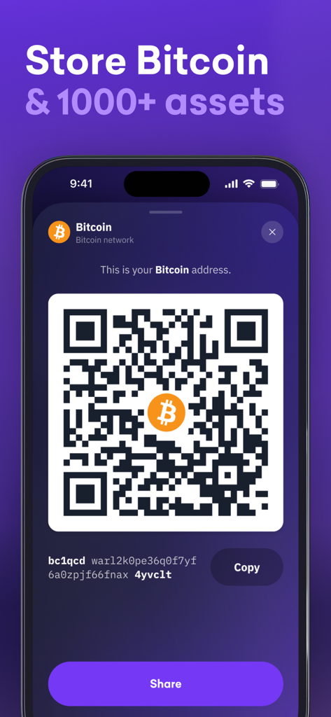 Kraken Wallet-Bildschirm mit Bitcoin-Empfangsadresse und QR-Code