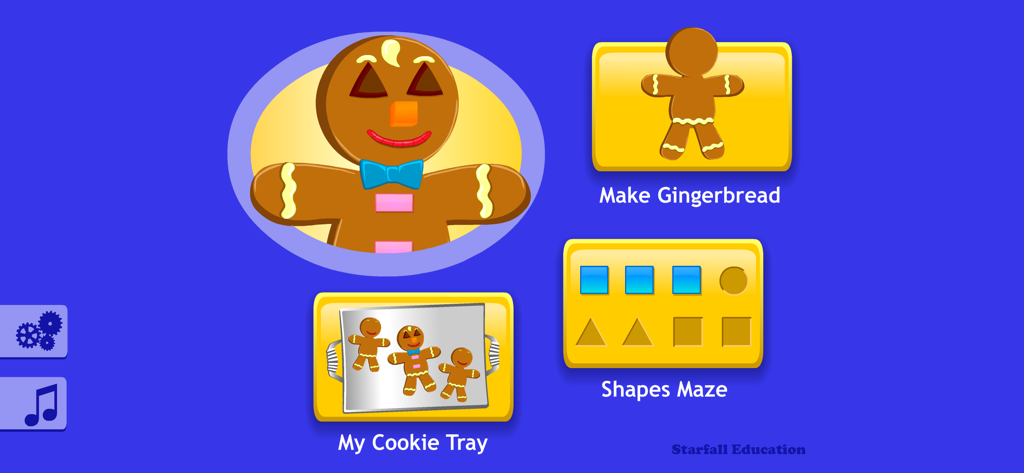 Starfall Gingerbread app home screen featuring buttons for Make Gingerbread, Shapes Maze, and My Cookie Tray
