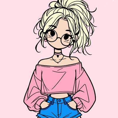 girl with a messy ponytail glasses a baggy crop top and jean shorts